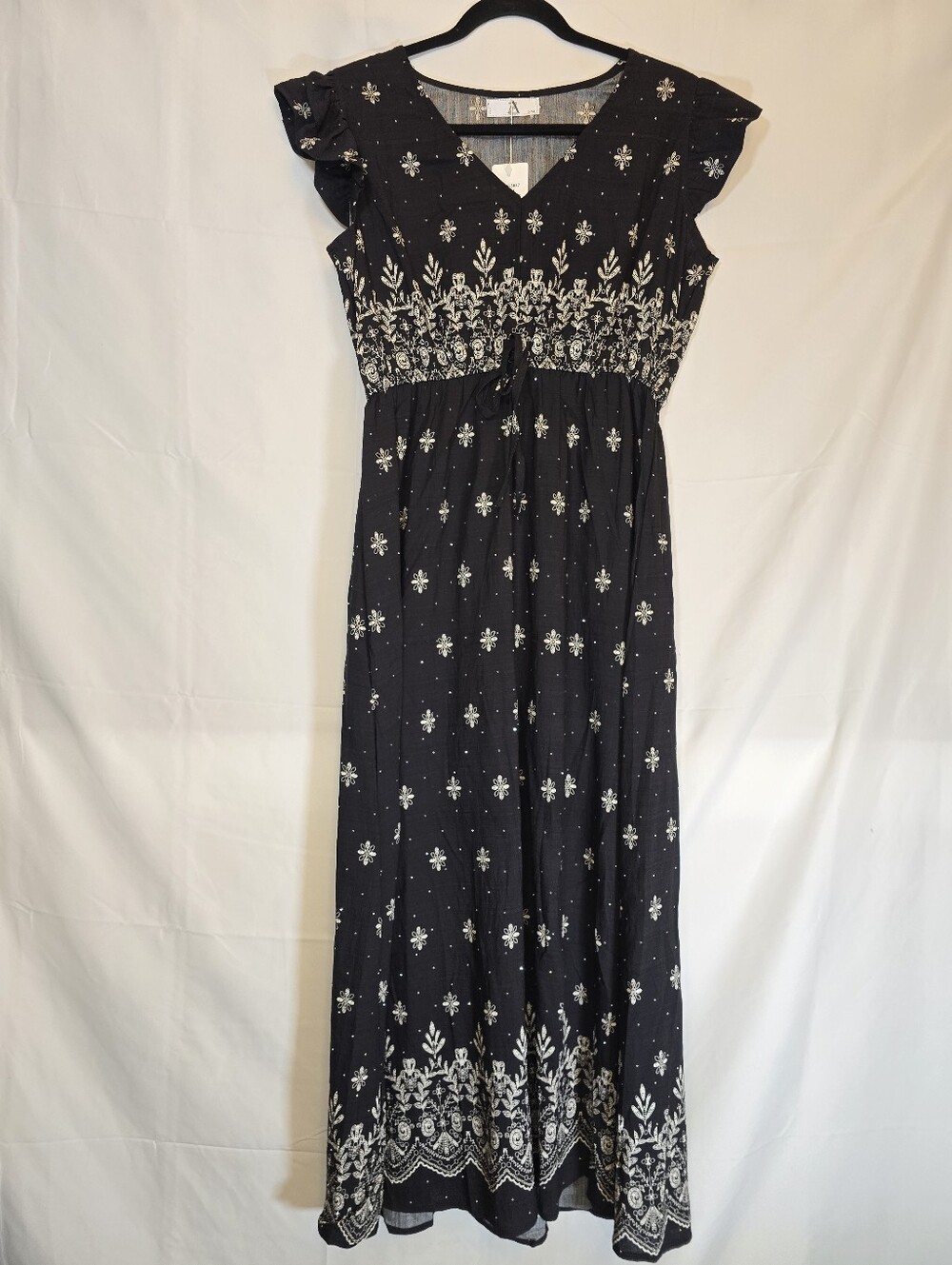 Black & Off White Floral Print Maxi Dress with Rhinestones